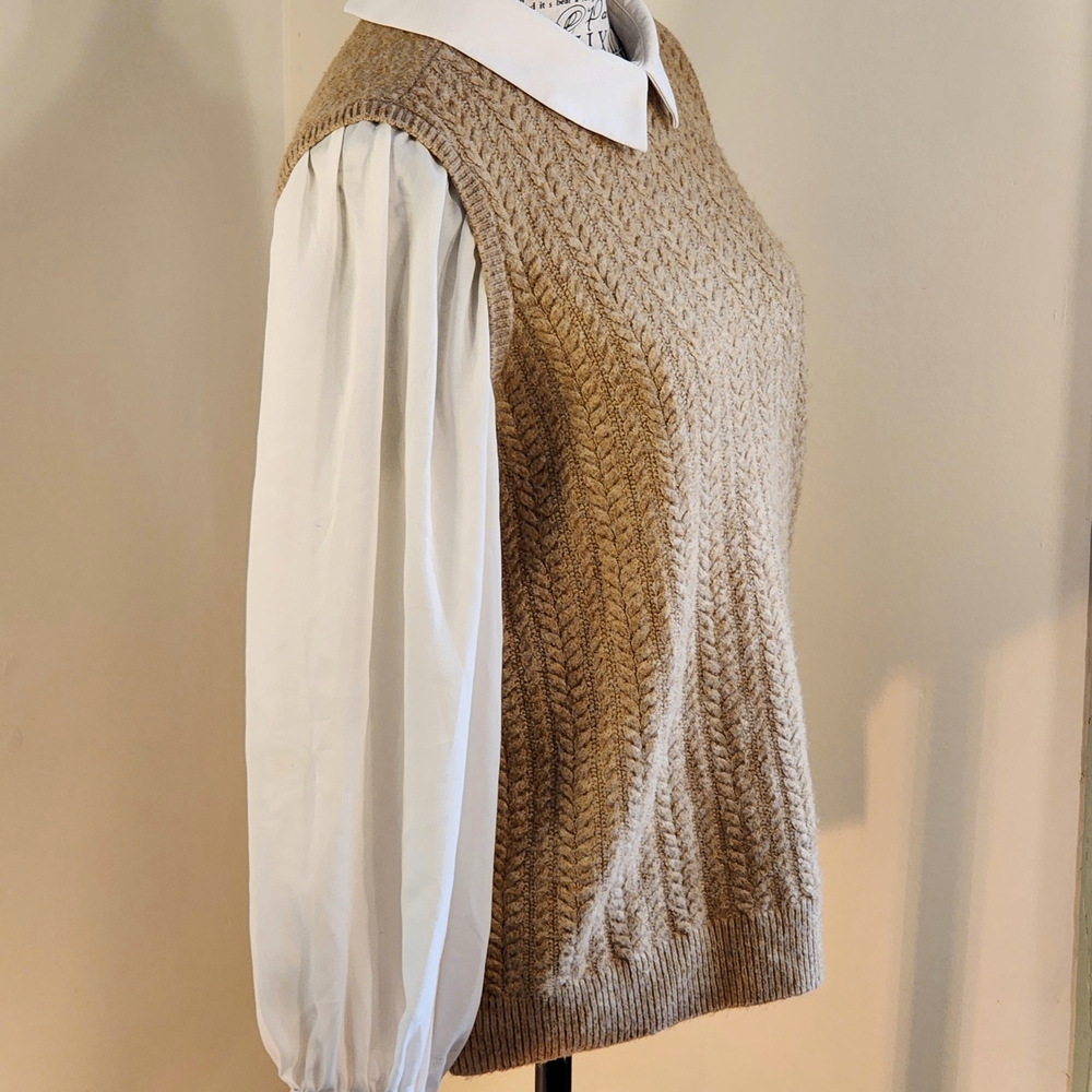 CeCe Soft Tan Knit Vest With Collar And Sleeves - Picture 3 of 13